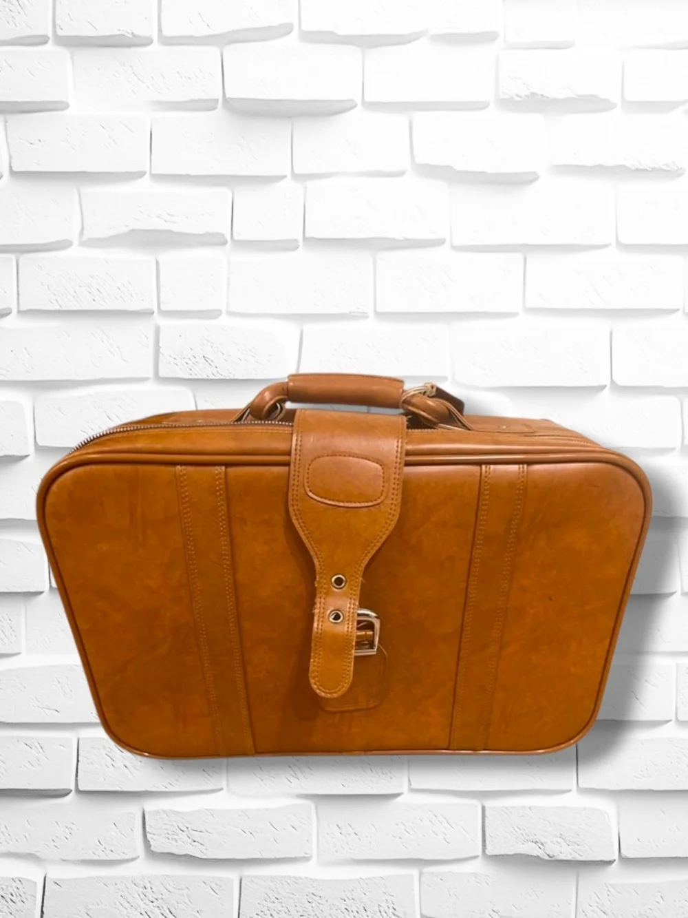 Vintage 1970s World Traveler Caramel Brown Faux Leather Carry-On Suitcase -